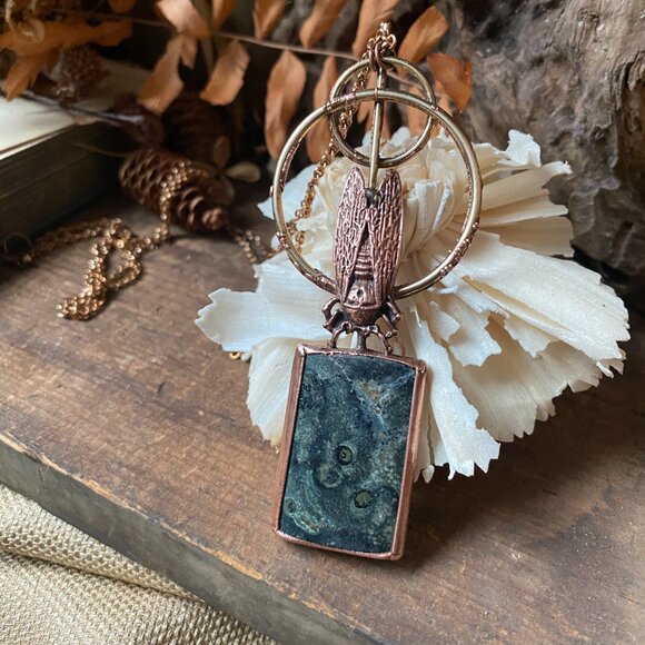 Electroformed Copper Kambaba Jasper beetle Pendant Necklace Sacred Altar Wiccan - Picture 1 of 4